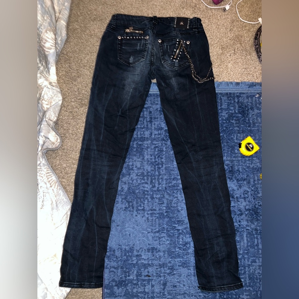 Antique Rivet Dark Wash Skinny Jeans Chain Rhinestones Zippers Low Rise 28x31.5